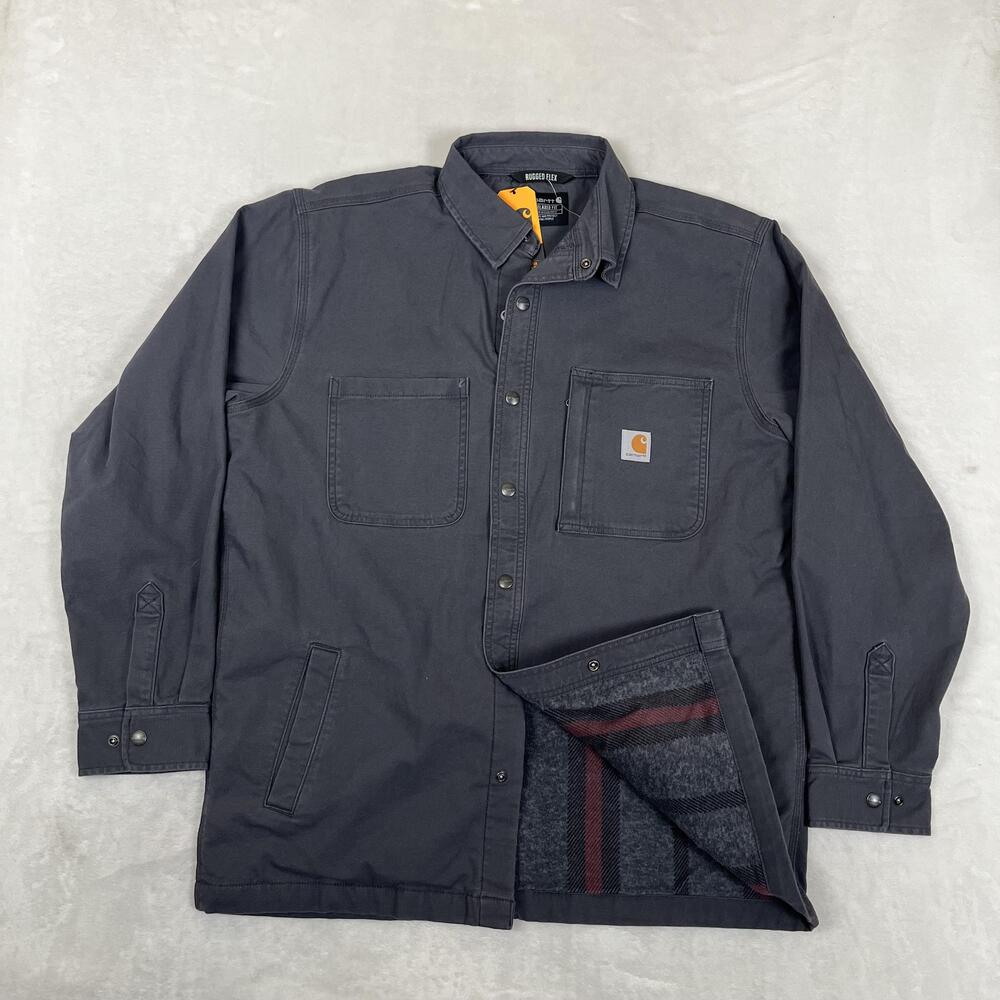 Carhartt Rugged Flex Jacket Mens Large Gray Canvas Lined Snap Shirt Jac Workwear